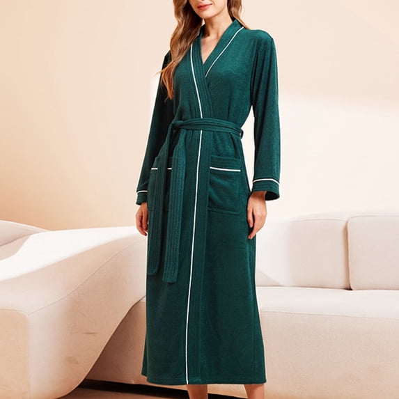 AGWOLF Terry Cloth Robes for Women Lightweight Quick Dry Towel Robe with Pockets Full Long Bathrobe After Shower Lounging Green XL