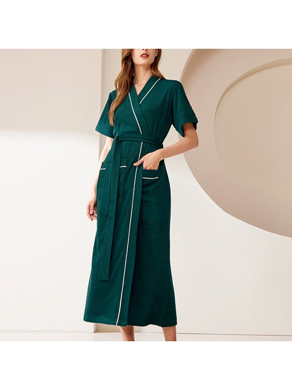 Terry Cloth Robes for Women Quick Dry Absorbent Towel Robe with Pockets Full Long Bathrobe after Shower Lounging Green M