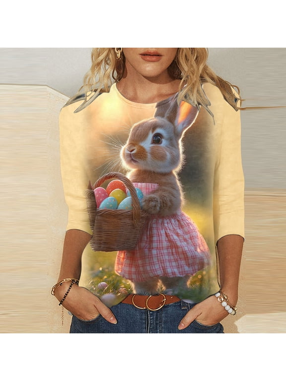 Three Quarter Sleeve Tee Shirts for Women Happy Easter T Shirt Round Neck Tshirts Dressy Comfy Slim Fit Tunic Tops Blouses Women Easter Gifts