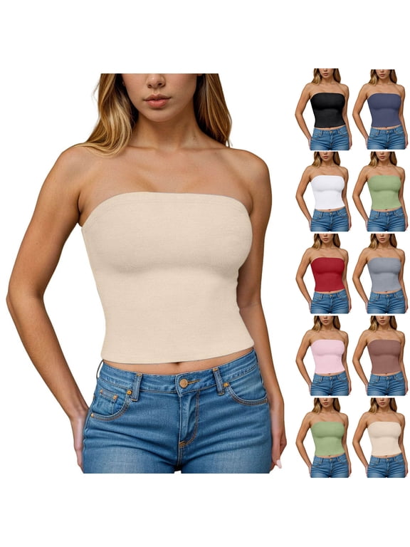 Tube Tops for Women Summer Casual Backless Going Out Top Slim Fit Fitted Strapless Bandeau Tank Shirt Navy XXL