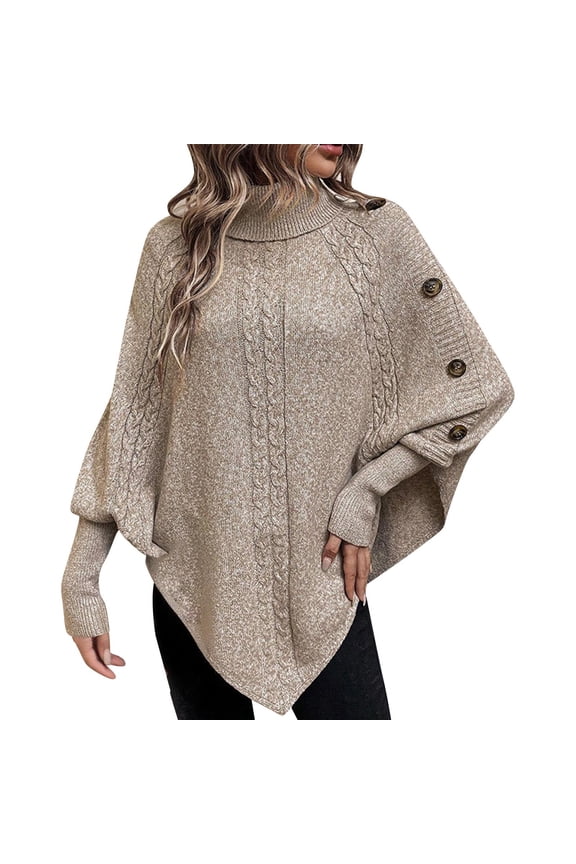 Turtleneck Sweater for Women Cozy Oversized Cable Knit JumperTops Solid Batwing Sleeve Asymmetrical Hem Clothes