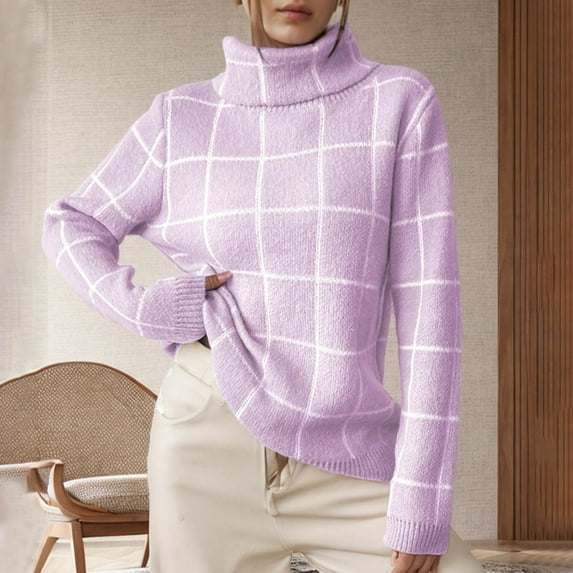 AGWOLF Turtleneck Sweater for Women Cozy Plaid Knit Jumper Casual Long Sleeve Color Block Tops