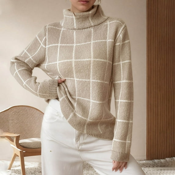 AGWOLF Turtleneck Sweater for Women Cozy Plaid Knit Jumper Casual Long Sleeve Color Block Tops