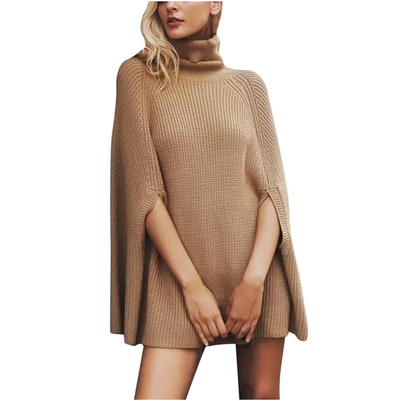 AGWOLF Turtleneck Sweater for Women Fall Winter Poncho Ribbed Knit Pullover Loose Solid Cape Wrap Sweaters