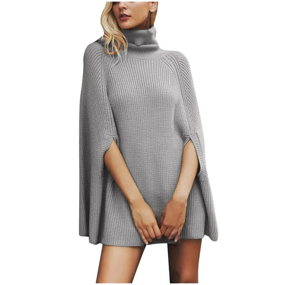 AGWOLF Turtleneck Sweater for Women Fall Winter Poncho Ribbed Knit Pullover Loose Solid Cape Wrap Sweaters