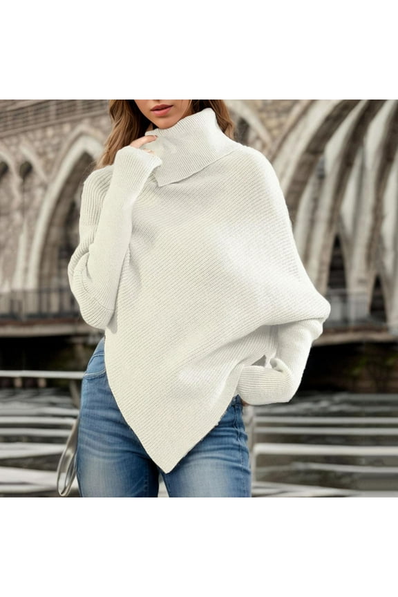 Turtleneck Sweaters for Weomen Comfy Ribbed Knit Batwing Sleeve Jumper Trendy Asymmetrical Hem Pullover Tops