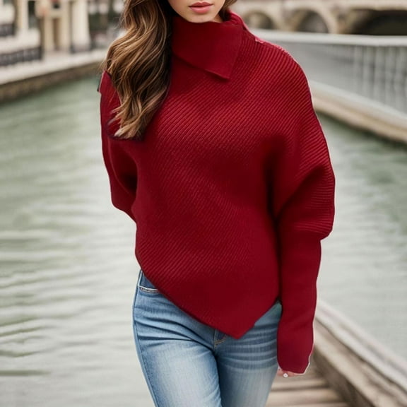 AGWOLF Turtleneck Sweaters for Weomen Comfy Ribbed Knit Batwing Sleeve Jumper Trendy Asymmetrical Hem Pullover Tops