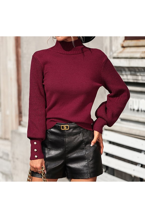 Turtleneck Sweaters for Weomen Slim Ribbed Knit Lantern Long Sleeve with Button Pullover Cozy Lightweight Fall Winter Tops