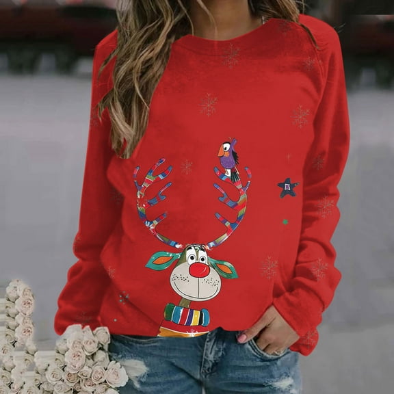 AGWOLF Ugly Christmas Sweatshirt for Women Crewneck Long Sleeve Xmas Shirts Funny Reindeer Print Tops Vacation Festival Pullover