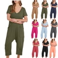 thumbnail image 1 of AGWOLF V Neck Onesie for Women Pajama One Piece Sets Baggy Short Sleeve Rompers Comfy Solid Color Jumpsuits Summer Casual Shortalls Loungewear Army Green M, 1 of 6