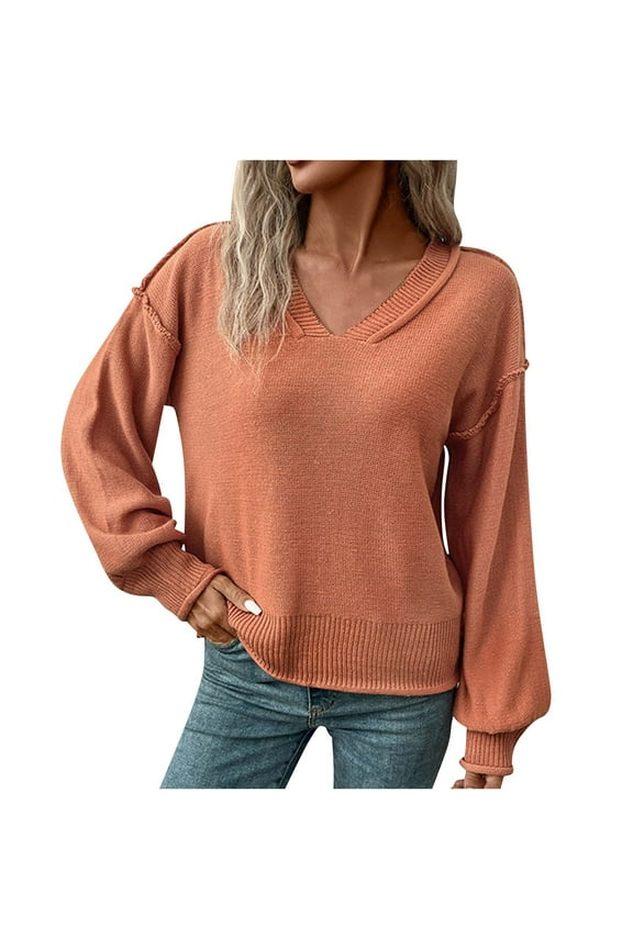 V Neck Swaters for Women Casual Lightweight Knit Pullover Loose Long Sleeve Solid Basic Jumper