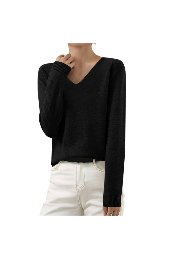 V Neck Swaters for Women Casul Solid Basic Knit Tops Cozy Lightweight Long Sleeve Jumper Pullover