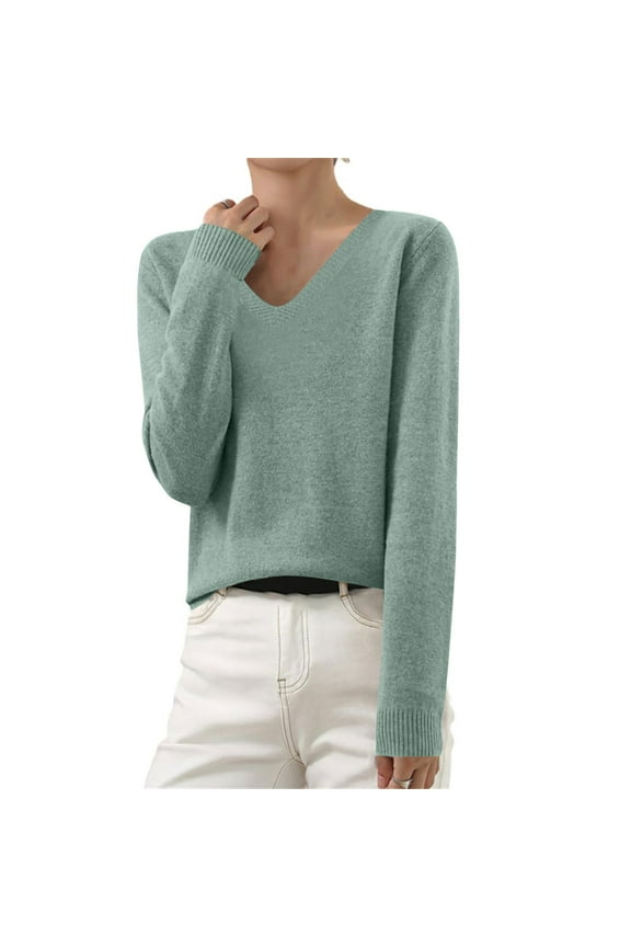 V Neck Swaters for Women Casul Solid Basic Knit Tops Cozy Lightweight Long Sleeve Jumper Pullover
