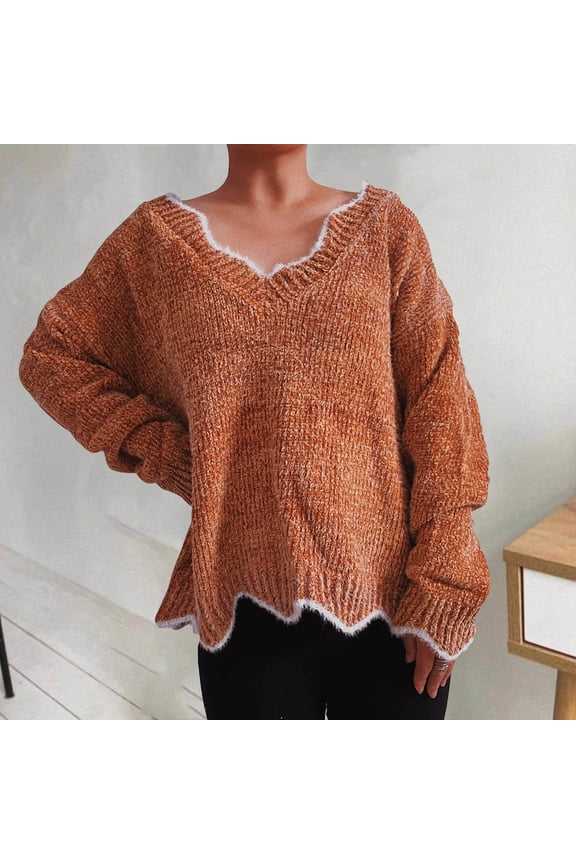 V Neck Swaters for Women Fuzzy Oversized Ribbed Knit Pullover Casual Flounce Long Sleeve Tops