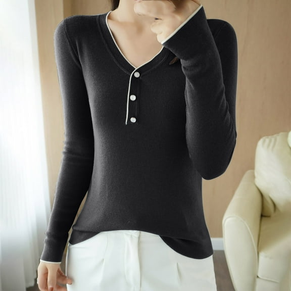 AGWOLF V Neck Swaters for Women Slim Henley Button Down Knit Pullover Causal Long Sleeve Tops