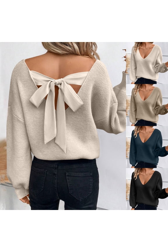 V Neck Sweaters for Women Fashion Bow Tie Back Ribbed Knit Sweater Loose Off the Shoulder Long Lantern Sleeve Pullover Casual Oversized Backless Tops