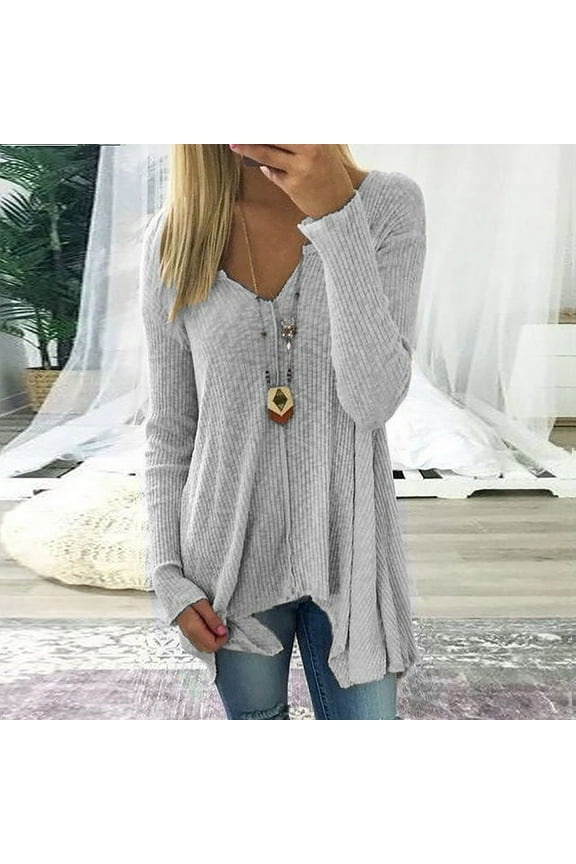 V Neck Sweaters for Women Casual V Neck Ribbed Knit Tunic Pullover Loose Lightweight Asymmetric Hem Jumper