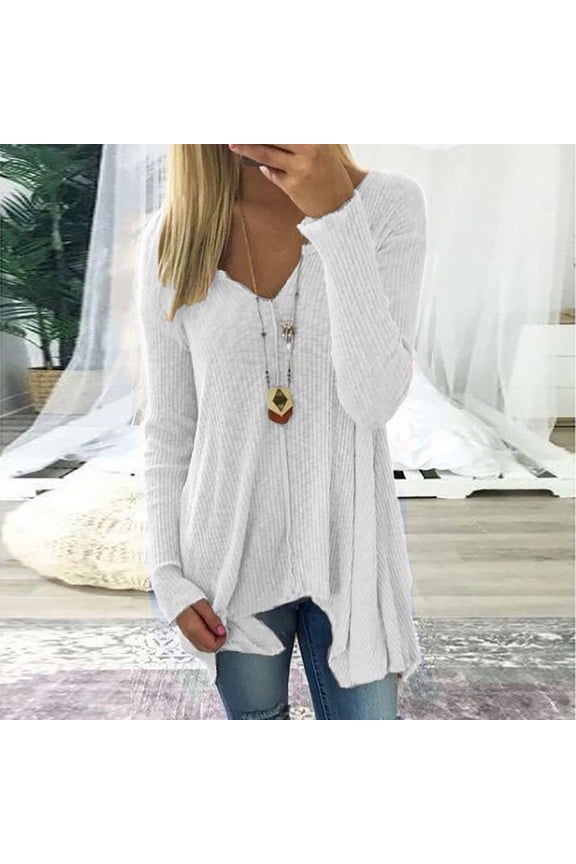 V Neck Sweaters for Women Casual V Neck Ribbed Knit Tunic Pullover Loose Lightweight Asymmetric Hem Jumper