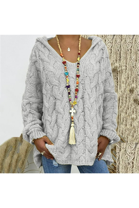 V Neck Sweaters for Women Chunky Cable Knit Pullover Tops Oversized Hooded Duster Knitwear Soft Comfy Hoodies