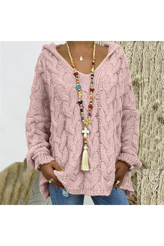 V Neck Sweaters for Women Chunky Cable Knit Pullover Tops Oversized Hooded Duster Knitwear Soft Comfy Hoodies