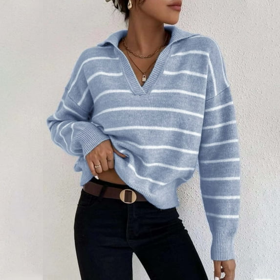 AGWOLF V Neck Sweaters for Women Oversized Lapel Collar Ribbed Knit Pullover Casual Stripde Color Block Jumper Tops