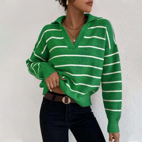 AGWOLF V Neck Sweaters for Women Oversized Lapel Collar Ribbed Knit Pullover Casual Stripde Color Block Jumper Tops