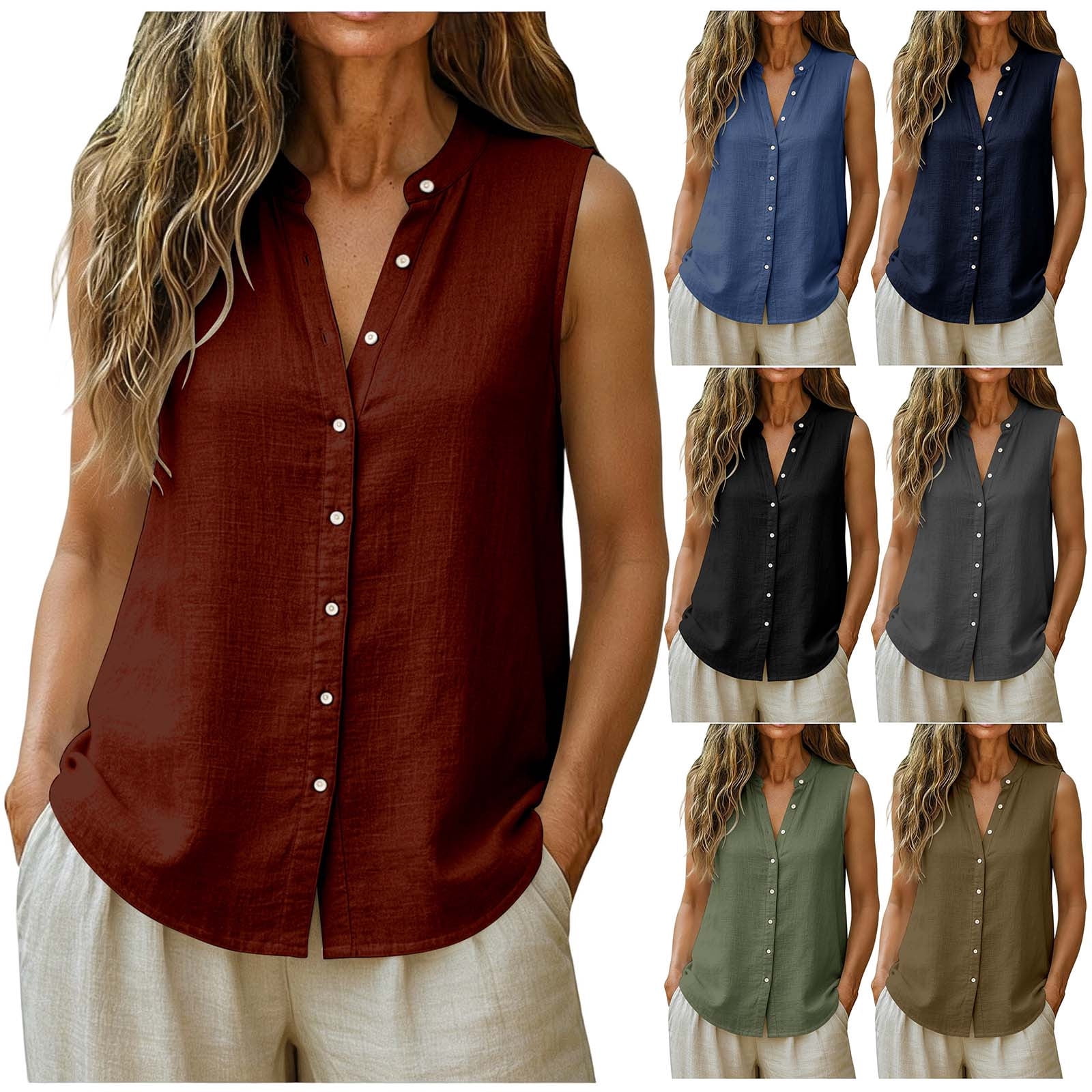 AGWOLF V Neck Vest Tops for Women Loose Fit Sleeveless Button Down ...