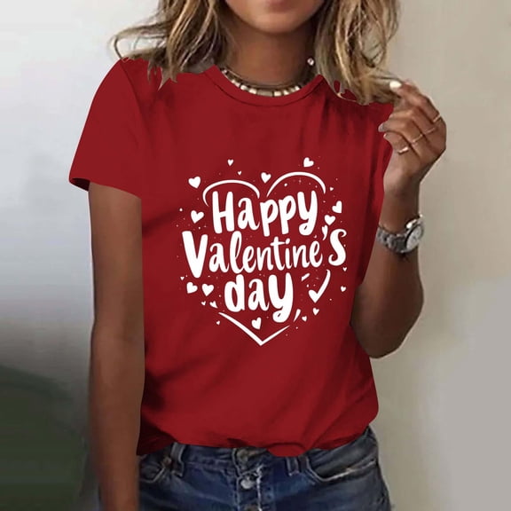 AGWOLF Valentines Day Shirts for Women Funny Happy Valentines Day Graphic Tees Casual Short Sleeve Crewneck Tops Cute Heart Print Tshirts