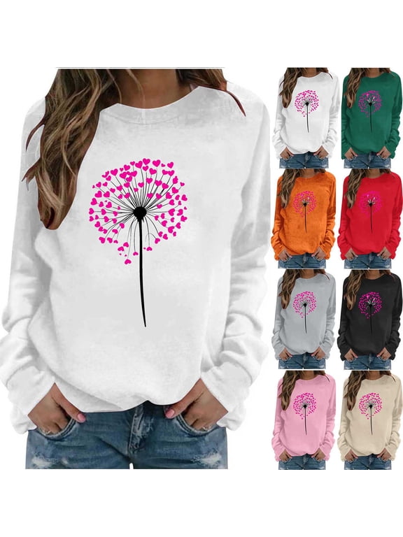 Valentines Shirts for Women Long Sleeve Dandelion Graphic Tees Tops Casual Crew Neck Pullover Funny Print Holiday Tshirts Valentines Day Gifts for Women