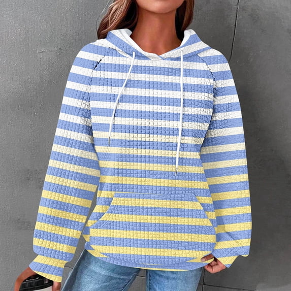 AGWOLF Waffle Knit Hoodies for Women Preppy Striped Long Sleeve Sweatshirt Trendy Drawstring Athletic Pullover