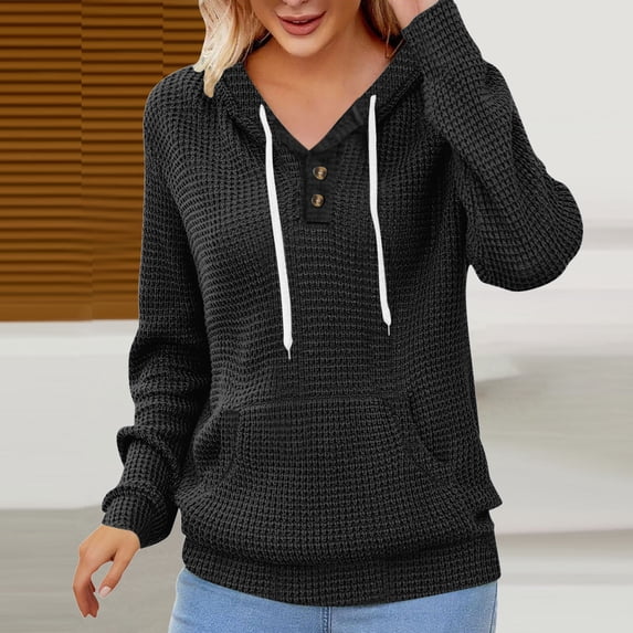 AGWOLF Waffle Knit Hoodies for Women Trendy Long Sleeve Tops Comfy Button V Neck Hooded Sweatshirts Loose Fit Fall Pullover