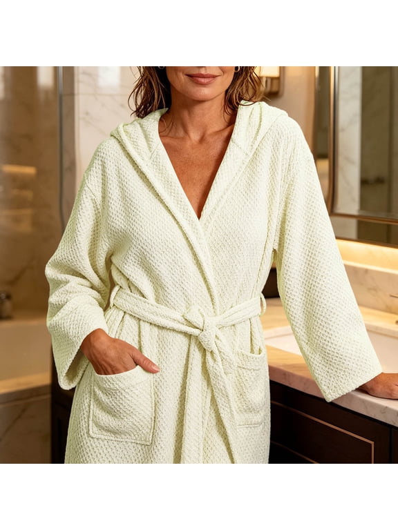 Waffle Robes for Women Soft Towel Robe with Hood Lightweight Quick Dry Terry Cloth Bathrobe for Bath Spa Loungewear Beige Free Size