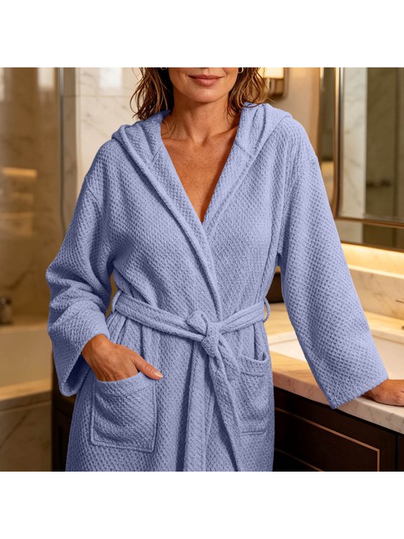 Waffle Robes for Women Soft Towel Robe with Hood Lightweight Quick Dry Terry Cloth Bathrobe for Bath Spa Loungewear Blue Free Size