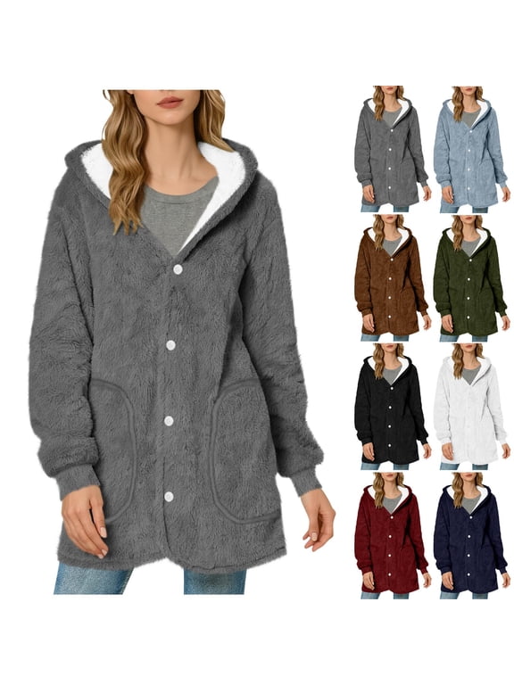 Warm Fleece Jackets for Women Fuzzy Hooded Casual Coats Ladies Cardigan Sweaters Button Down Outerwear with Pockets Blue M