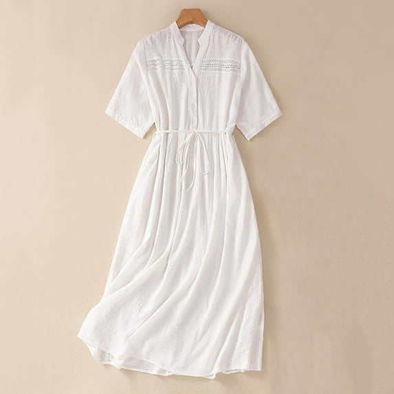 AGWOLF White Maxi Dress for Women 2024 Summer Cotton Linen Button V Neck Short Sleeve Dresses Casual Loose Solid Beach Vacation Long Dress
