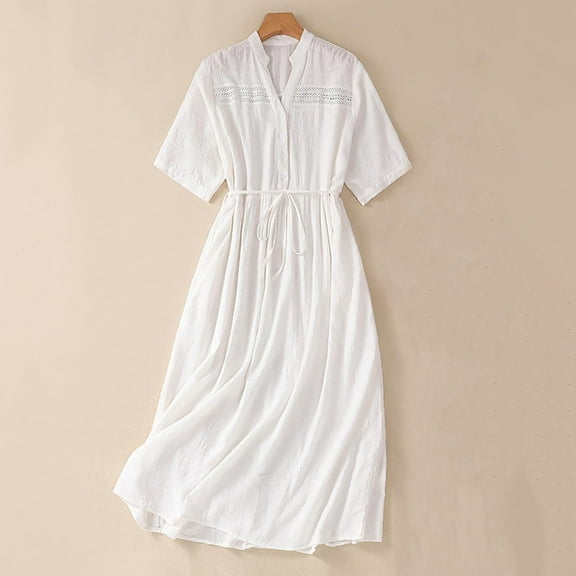 AGWOLF White Maxi Dress for Women 2024 Summer Cotton Linen Button V Neck Short Sleeve Dresses Casual Loose Solid Beach Vacation Long Dress