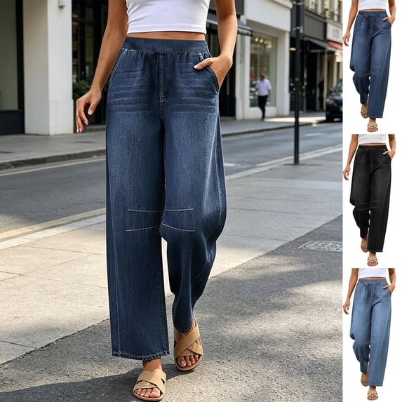 AGWOLF Wide Leg Jeans for Women High Waisted Stretchy Denim Pants Casual Ankle Length Drawstring Elastic Waist Jean Boyfriend Denim Trousers with Pockets Blue XXL