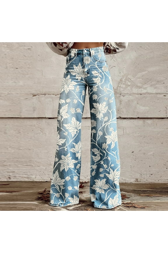 Wide Leg Jeans for Women Boho Floral Print Baggy Domin Printed Pants Casual High Waist Outdoor Pant