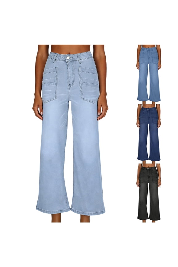 Wide Leg Jeans for Women Trendy High Waisted Flare Jeans Trendy Flat Front Denim Pants Stretchy Baggy with Patch Pockets Black S