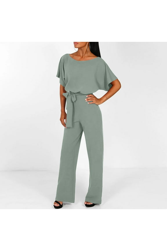 Wide Leg Jumpsuits For Women Loose High Waist Belted Pant Romper Crewneck Short Sleeve Overalls Formal Business One Piece Jumpsuit