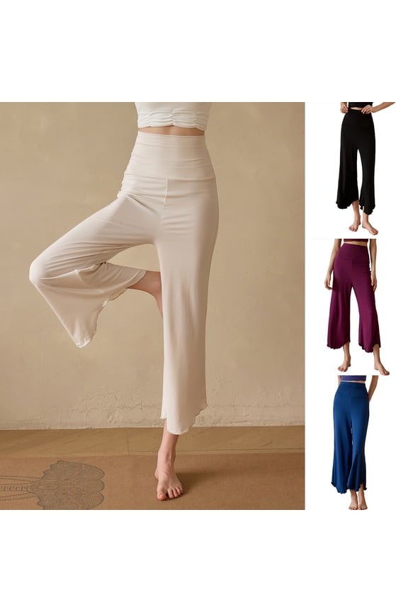 Wide Leg Yoga Pants for Women Buttery Soft High Waisted Pants Fold Over Tummy Control Workout Trousers Stretchy Lettuce Hem Trouser for Pilates Dance Purple XL