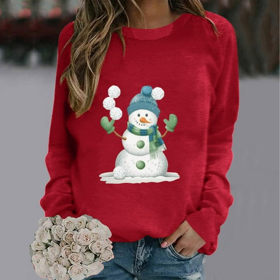 AGWOLF Winter Christmas Sweatshirt for Women Cute Snowman Long Sleeve Ugly Tops Crewneck Xmas Shirts Loose Lightweight Holiday Pullover