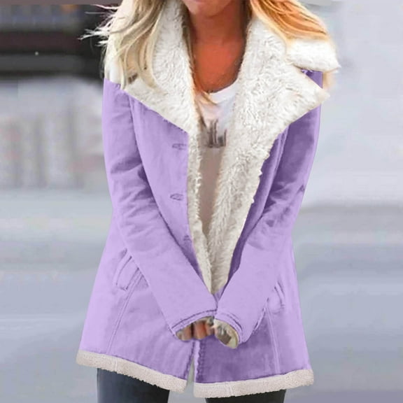 AGWOLF Winter Warm Fleece Lined Jackets for Women Cozy Plain Color Long Coats Soft Lapels Button Down Outwear Coat with Pockets Outdoor Travel Clothes