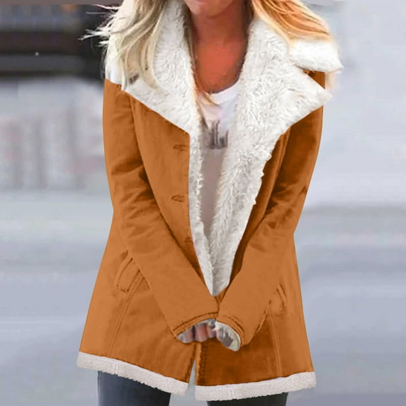 AGWOLF Winter Warm Fleece Lined Jackets for Women Cozy Plain Color Long Coats Soft Lapels Button Down Outwear Coat with Pockets Outdoor Travel Clothes