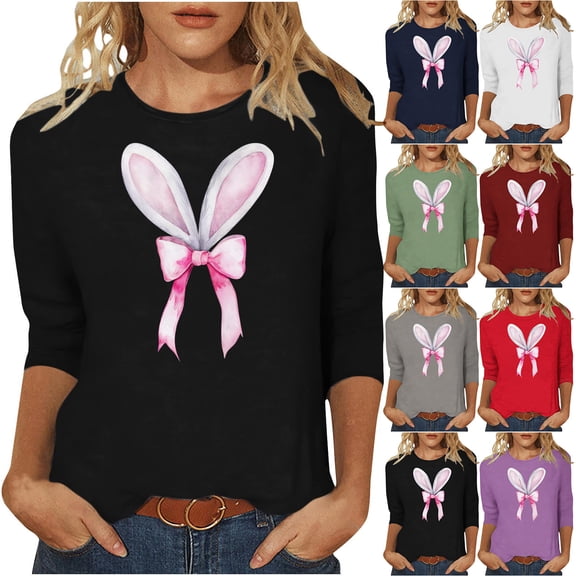 AGWOLF Women 3/4 Sleeve T Shirts Happy Easter Shirts Women Pink Rabbit Ear Printed Shirt Elegant Crew Neck Blouses Holiday Gift Tops for Women