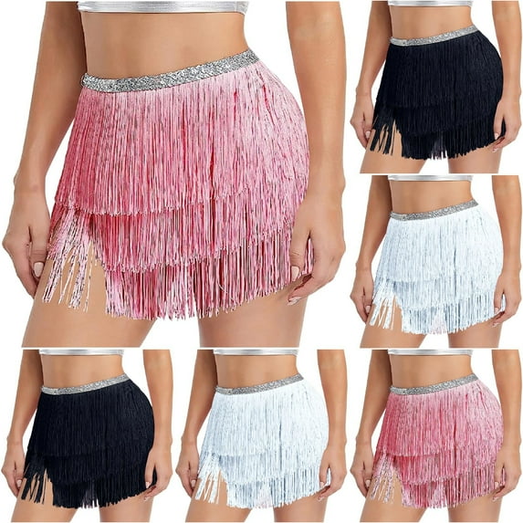 AGWOLF Women Belly Dance Skirt Tassel Fringe Skirts Sparkly Sequin Hip Scarf Party Rave Costume