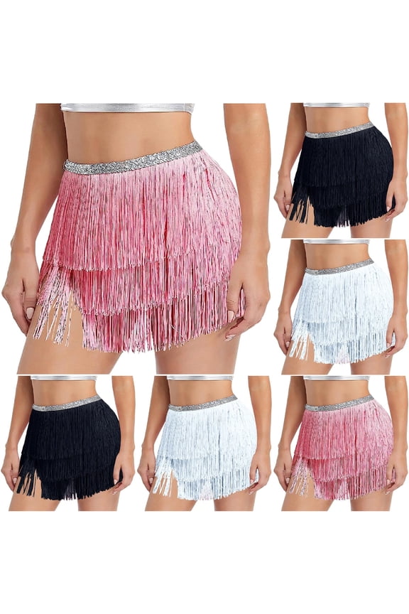 Women Belly Dance Skirt Tassel Fringe Skirts Sparkly Sequin Hip Scarf Party Rave Costume