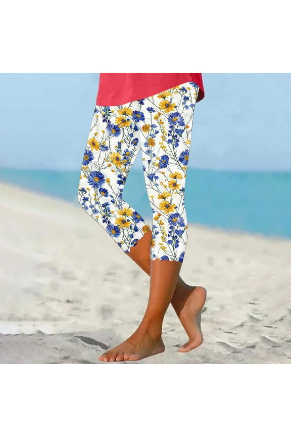 Women Capri Yoga Pants No Front Seam High Waist Leggings Funny Flower Graphic Capris Workout Compression Trousers