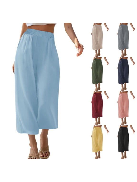 Women Capris Pants Flowy Wide Leg High Waist Palazzo Trousers Pull On Casual Summer Capri with Pockets Black L