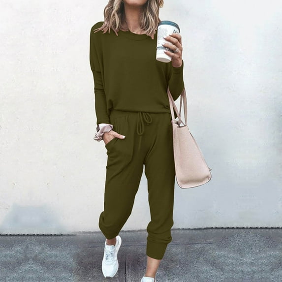 AGWOLF Women Casual 2 Piece Outfit Lounge Sets Long Sleeve Crewneck Shirts and Drawstring Sweatpants Sets Classic Solid Matching Sets Jogger Sweat Suits